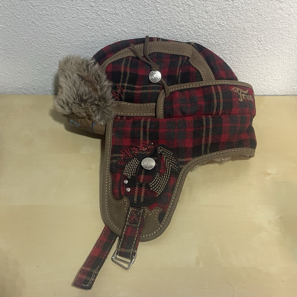 True Religion Men Plaid Trapper Hat Ear Flap Faux Fur Lined Red Black L/XL